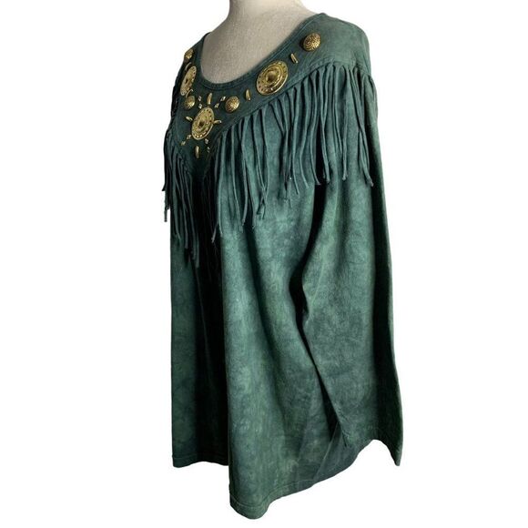 Vintage 90s Embellished Western T Shirt L Green Acid Wash Fringe Long Sleeves - Picture 5 of 5
